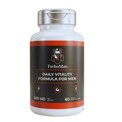 TurboMan Daily Vitality Formula for Men supplement bottle, 500 MG, 60 capsules